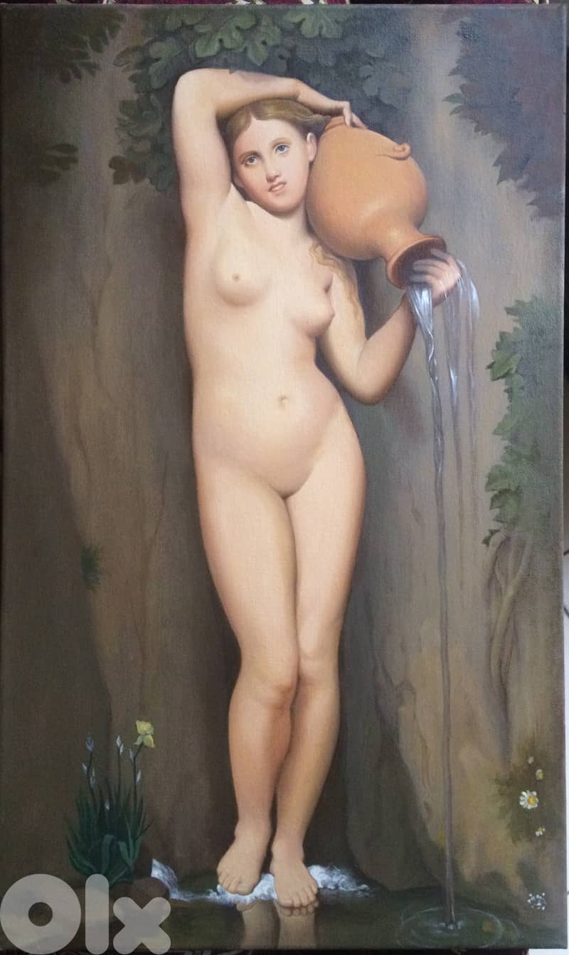 Oil on canvas painting -  Reproduction after J. A. D. Ingres : La sourse 1