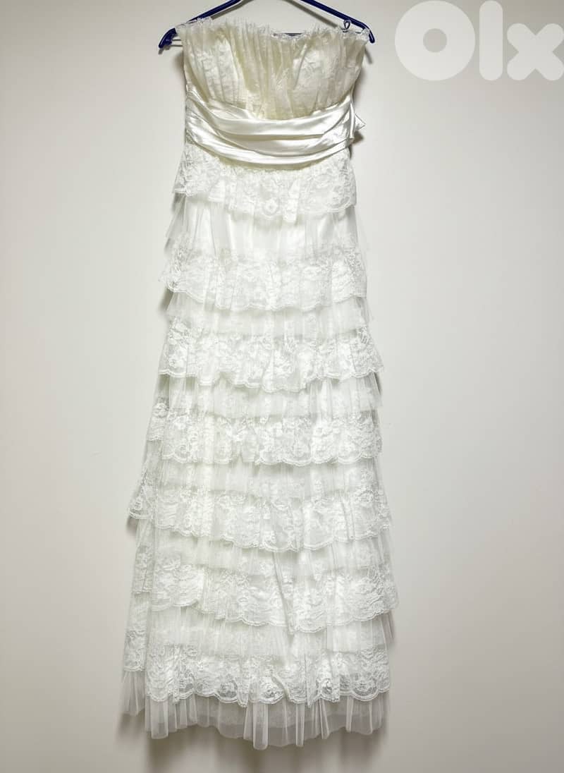 Elegant White Lace Tiered Dress with Matching Long-Sleeved Mini Jacket 0