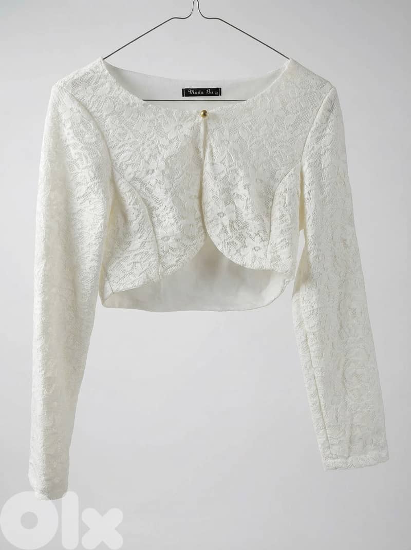 Elegant White Lace Tiered Dress with Matching Long-Sleeved Mini Jacket 2