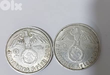 set of two Nazi Silver Coins two marks era Adolf Hitler World War II