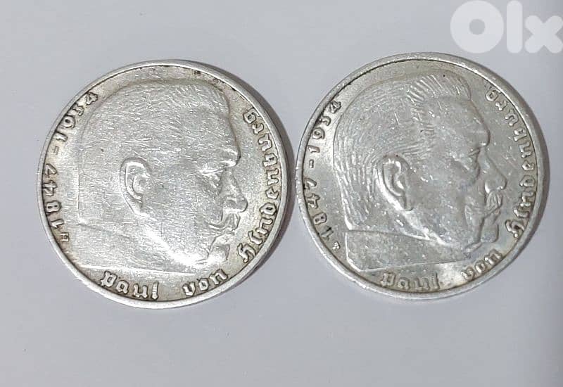 set of two Nazi Silver Coins two marks era Adolf Hitler World War II 1