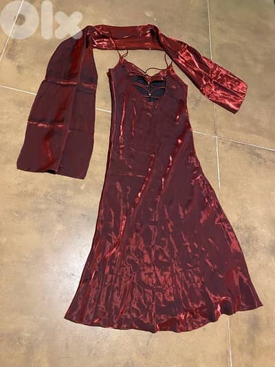 Dress, long, satin, burgundy, medium