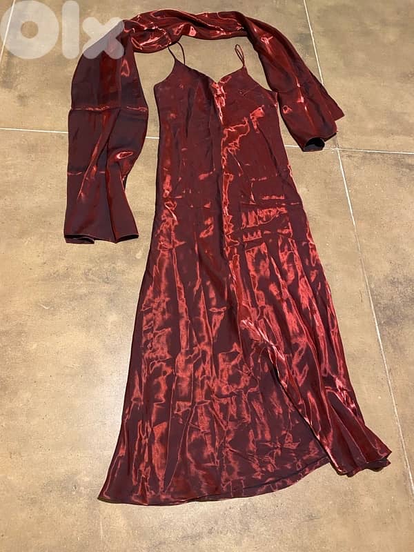 Dress, long, satin, burgundy, medium 1