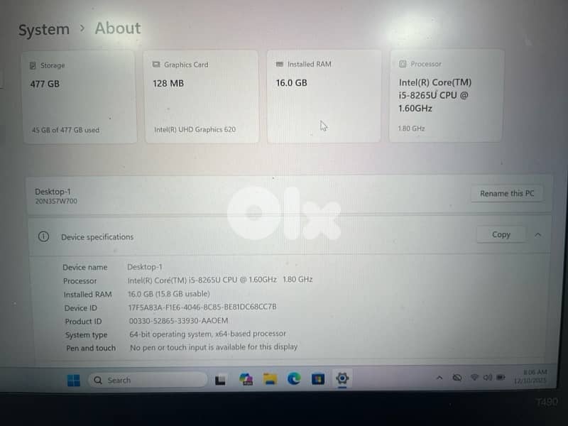 Lenovo ThinkPad i5-8th Gen 16GB RAM 512GB SSD 1