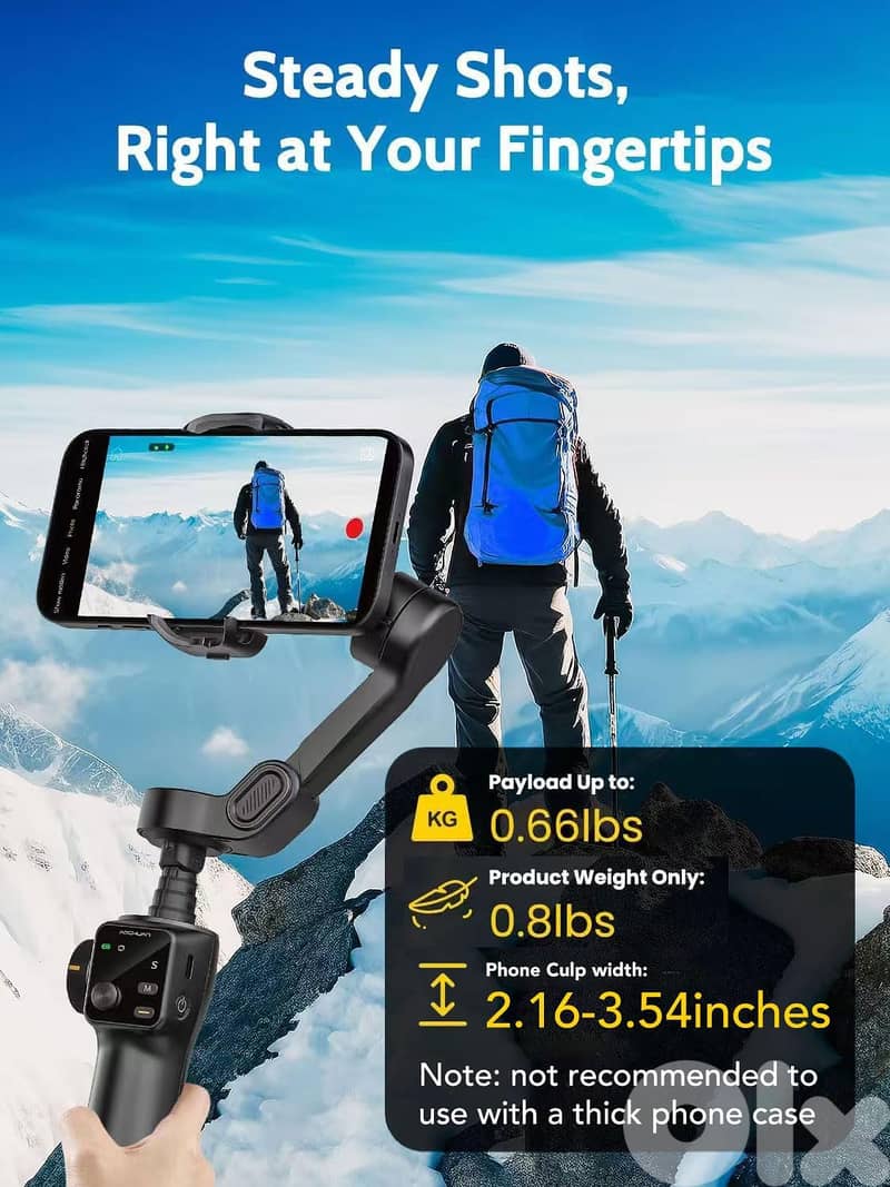 3-axis Gimbal Stabilizer for iPhone w/Built-in 7.8' Extension Rod, Sma 5