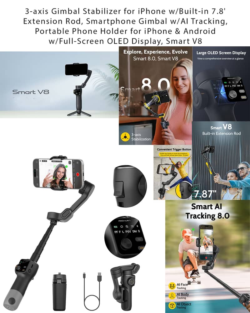 3-axis Gimbal Stabilizer for iPhone w/Built-in 7.8' Extension Rod, Sma 7