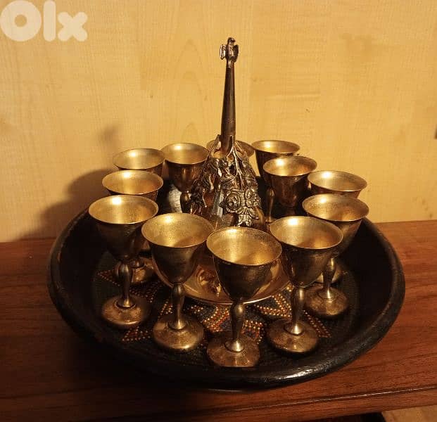 Vintage mini brass cups and engraved egg set 0