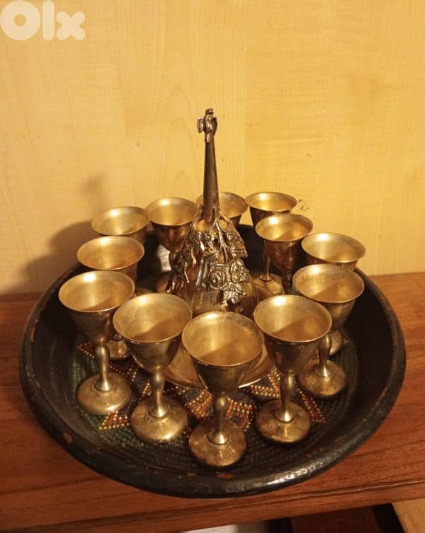 Vintage mini brass cups and engraved egg set 1