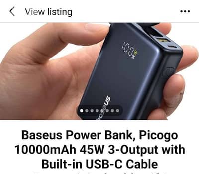 Baseus Power Bank, Picogo 10000mAh 45W 3-Output with Built USB-C Cable