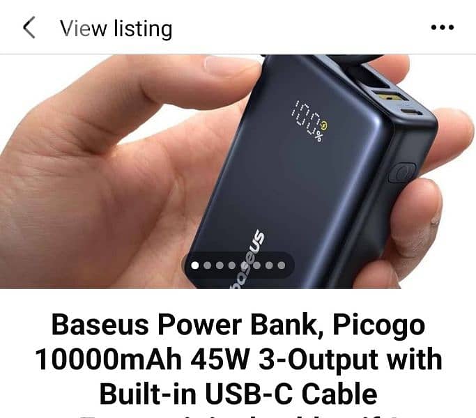 Baseus Power Bank, Picogo 10000mAh 45W 3-Output with Built USB-C Cable 0