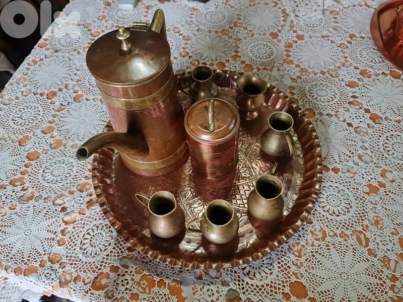 طقم قهوة نحاس كبير مع صينية منقوشة (ديكور شرقي أنتيكا) 0