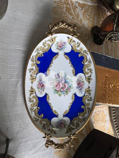 صحن تقديم بيضاوي قديم من بورسلان ليموج مع أزرق كوبالت