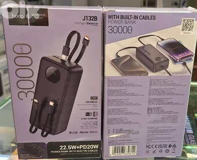 HOCO POWER BANK 22.5W+20WPD WITH BUILT-IN CABLES 30000MAH J132B