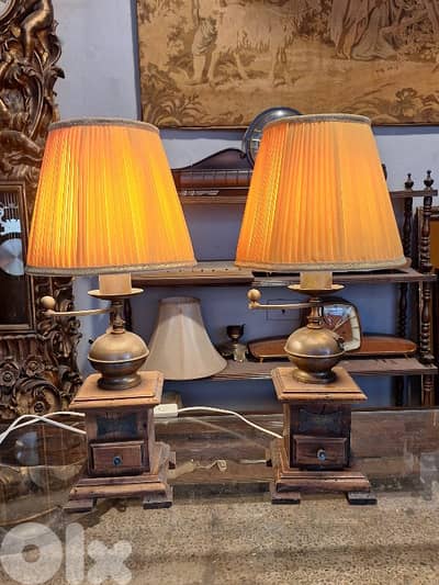 pair of antique coffee grinder lamps