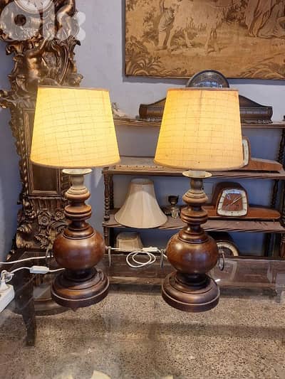 pair of large wooden lamps