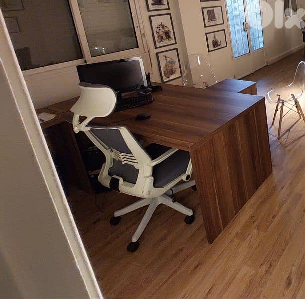 L-shaped desk with side extension, matching front table , black chair 1