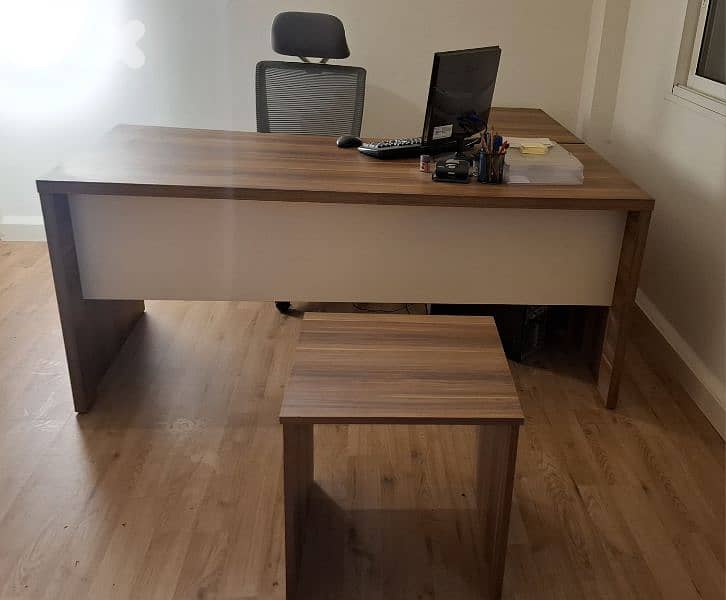 L-shaped desk with side extension, matching front table , black chair 3