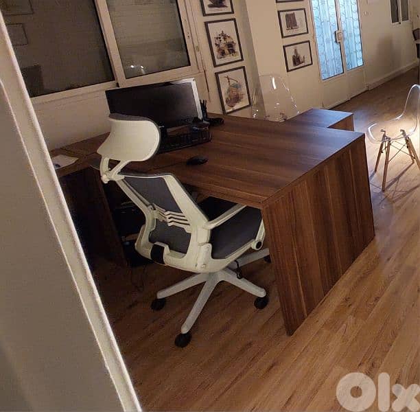 -New L-shaped desk with side extension+ front table+ office chair 1