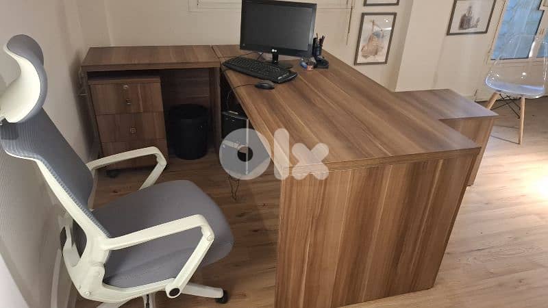 -New L-shaped desk with side extension+ front table+ office chair 3