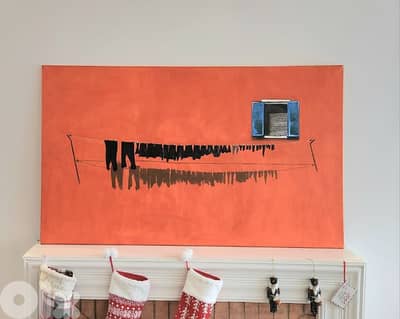 orange wall window, 2 meters x 1 handmade painting