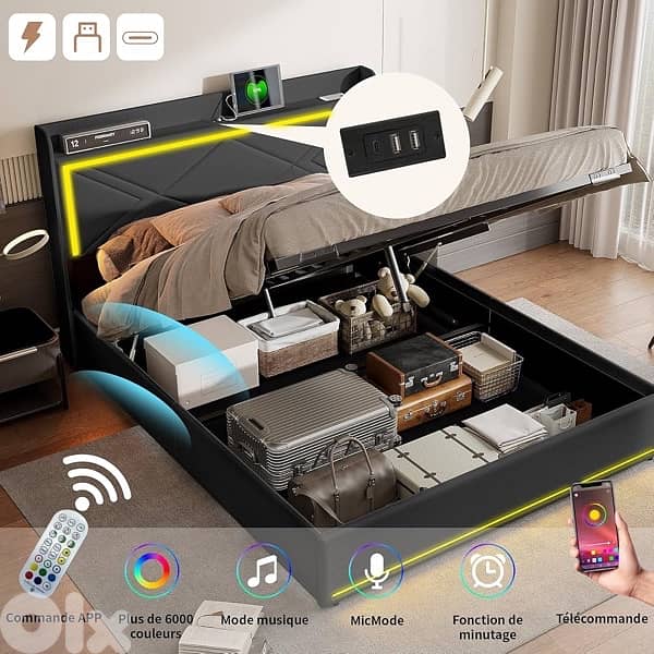 LED Storage Bed with Storage, Double Bed with Storage and Hydraulics 3