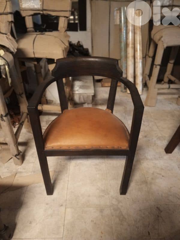 Genuine leather and teak armchair 1