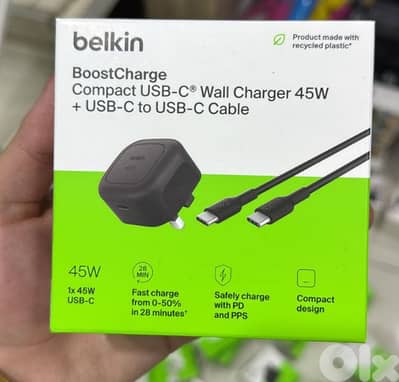 Belkin Boostcharge compact usb-c wall charger 45w 3pin charger black