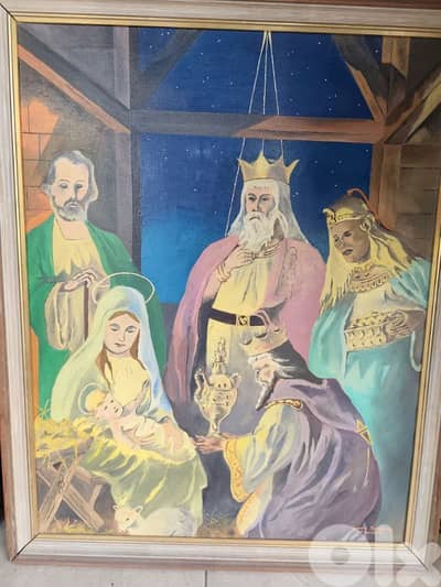christmas,jesus is born,1972 oil on canvas painting,Linnéa Sandberg