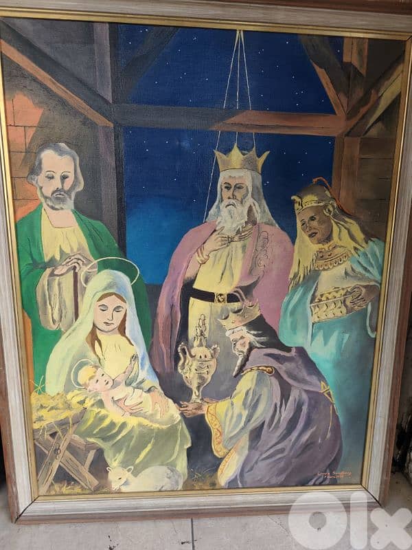 christmas,jesus is born,1972 oil on canvas painting,Linnéa Sandberg 1