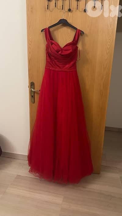 Red off shoulder wedding guest dress