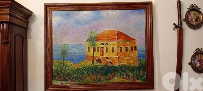 لوحة زيتية مختومة منزل عثمان حسامي جبيل طول 85cm عرض 104cm