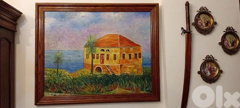 لوحة زيتية مختومة منزل عثمان حسامي جبيل طول 85cm عرض 104cm 2
