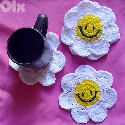handmade crochet smiley face flower coasters