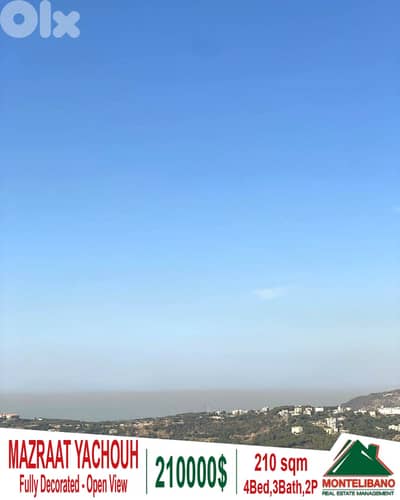 Fully Decorated 210sqm Apartment For Sale in Mazraat Yachouh+Open View