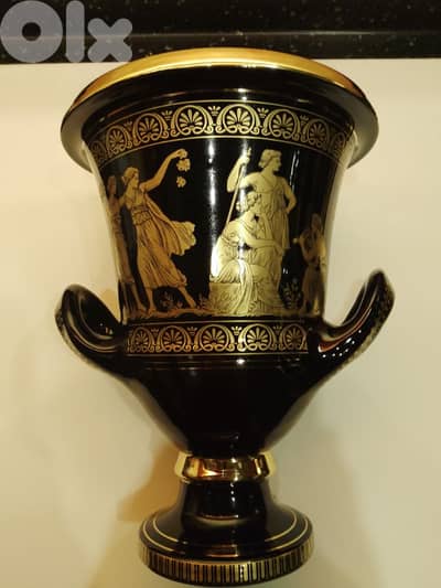 Black & 24 k Gold Porcelain Vase 28 cm Handmade in Greece 80s