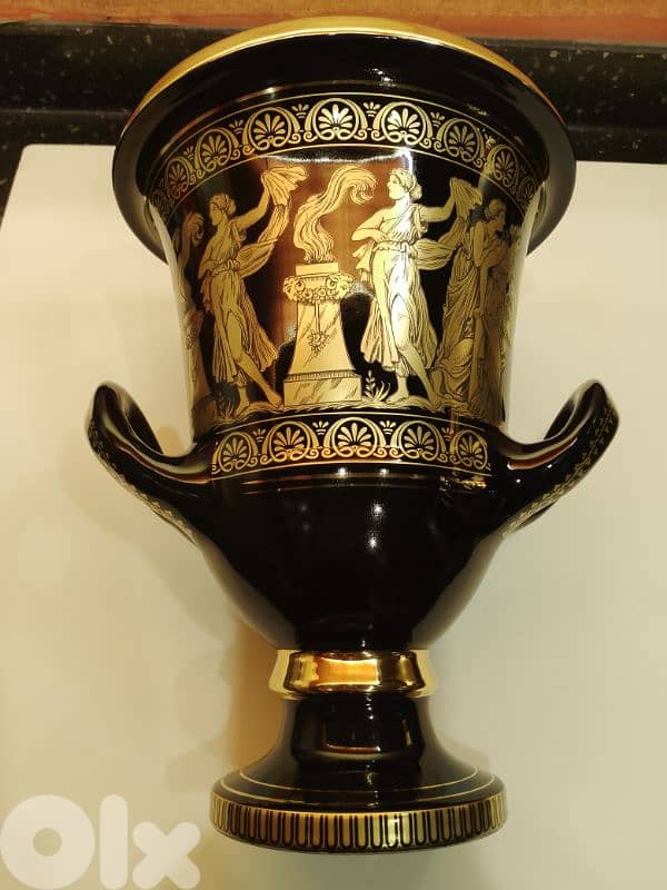 Black & 24 k Gold Porcelain Vase 28 cm Handmade in Greece 80s 4