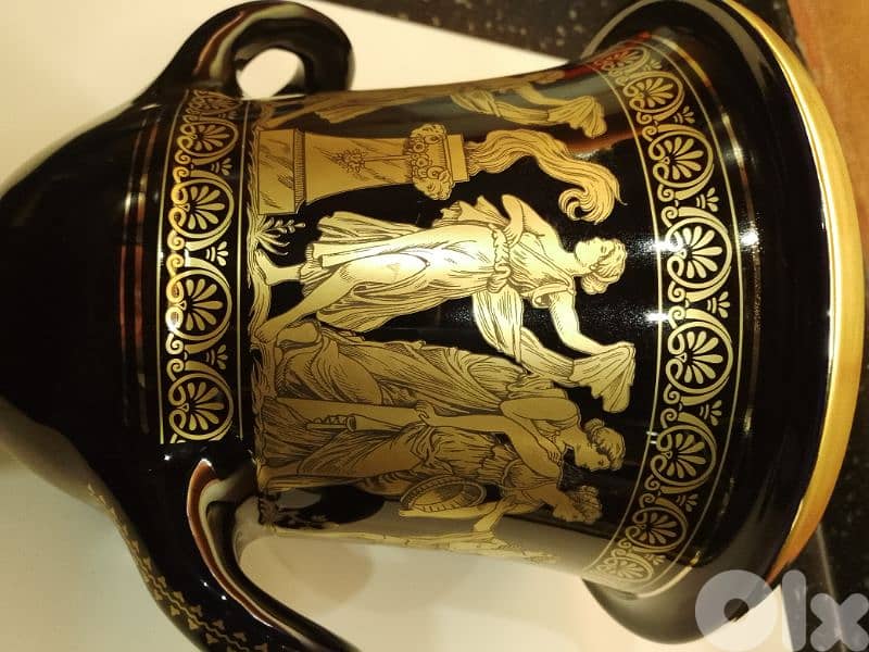 Black & 24 k Gold Porcelain Vase 28 cm Handmade in Greece 80s 6