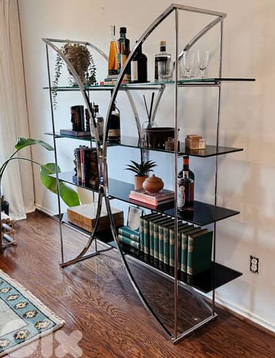 Vintage 1970s French Chrome and Black Glass Art Deco Inspired Bokshelf