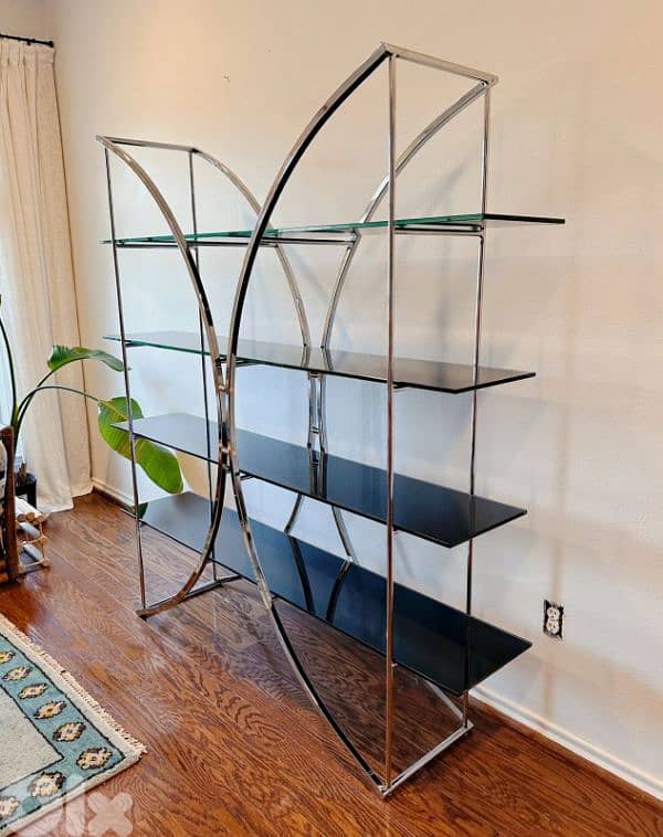 Vintage 1970s French Chrome and Black Glass Art Deco Inspired Bokshelf 1