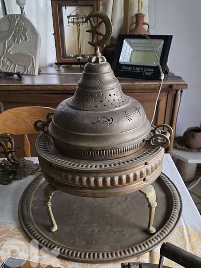 مبخرة نحاس قديمة (عثمانية/تركية) مع صينية – أنتيك