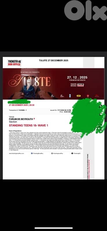 Tul8te Ticket for sale 40$ negotiable to 35