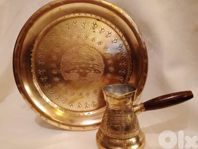 ركوة قهوة وصينية نحاس أصفر أنتيك