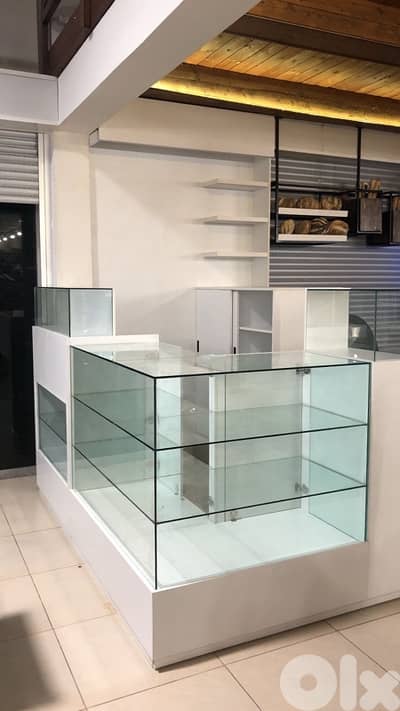 Glass Display Counter, White Base, 3-Shelf Showcase, Perfect for Shops