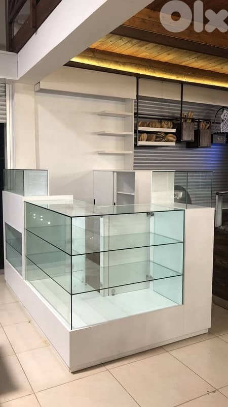 Glass Display Counter, White Base, 3-Shelf Showcase, Perfect for Shops 1