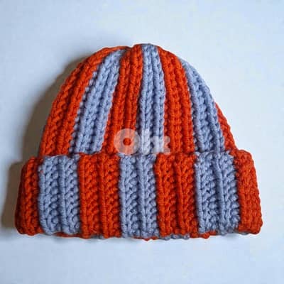 Handmade crochet striped beanie light blue and orange chunky
