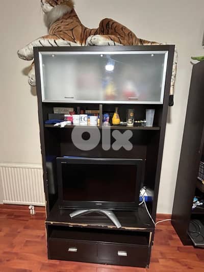 مكتبة ووحدة تلفزيون خشبية لون بني محروق