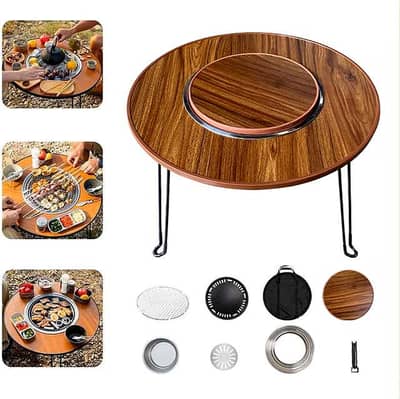 Rustic Wood Portable Grill – Integrated Side Table & Bag