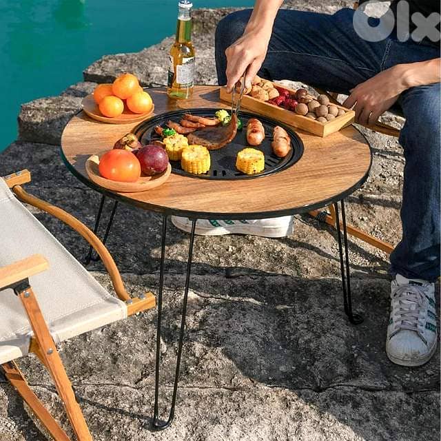 Rustic Wood Portable Grill – Integrated Side Table & Bag 1
