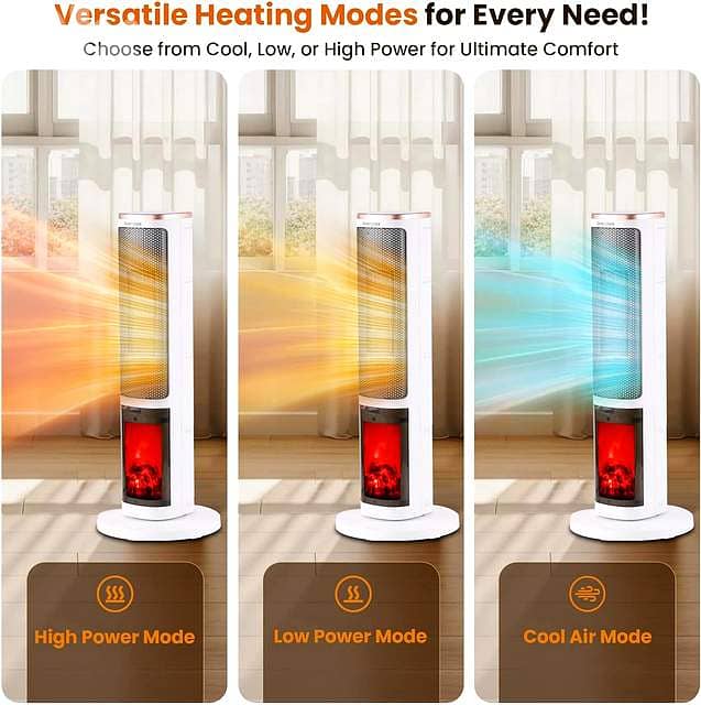 2000W Ceramic Tower Heater – Oscillating with Fireplace Glow Display 3
