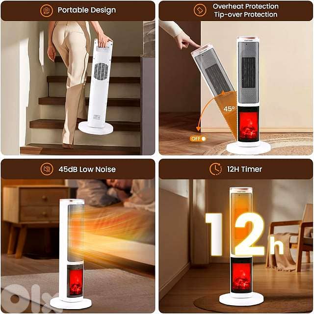 2000W Ceramic Tower Heater – Oscillating with Fireplace Glow Display 5